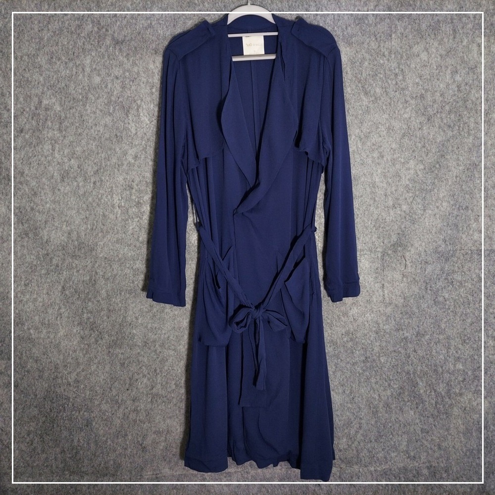 Line & Dot Coat S Trench Crepe Longline Belt Pockets‎ Blue Nautical Mod Wife